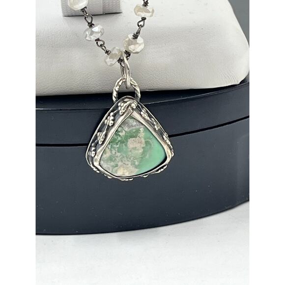 Sterling Silver Green Variscite Pendant Ornate Faceted Moonstone Beaded Necklace - Picture 3 of 12